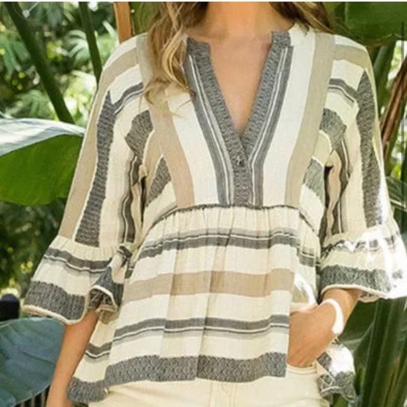 THML Beige and Gray Striped Top - Picture 1 of 11